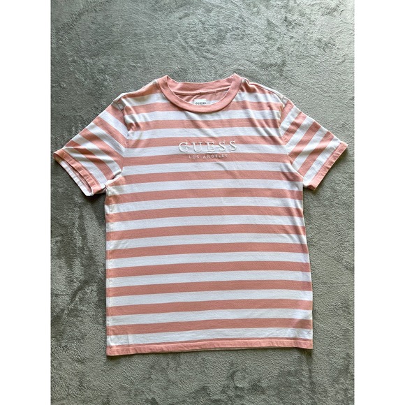 Guess TShirt Mens Medium Pink White Striped Embroidered Logo Short Sleeved Crew - Picture 3 of 13